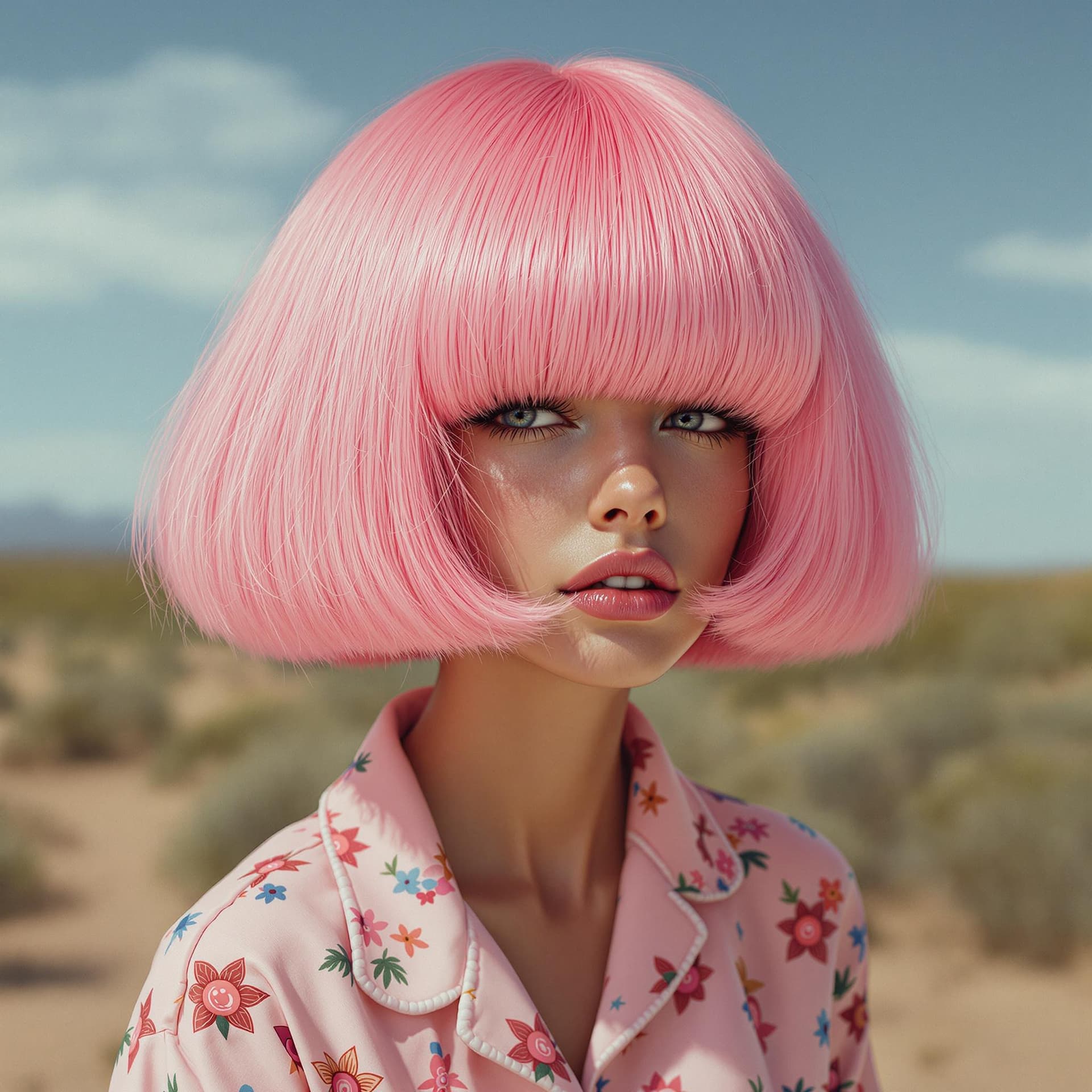 AI generated: a portrait photorealistic of a woman with huge pink haircut with bangs that covers her eyes and face...
