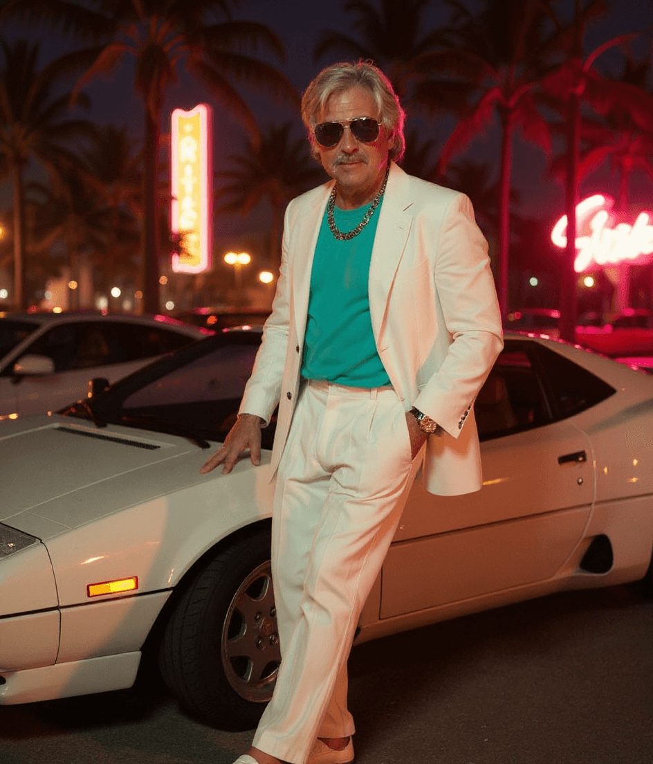 AI generated: Subject: A charismatic late-30's man. Clothing: WHITES linen blazer (sleeves rolled up) , turquoise ...