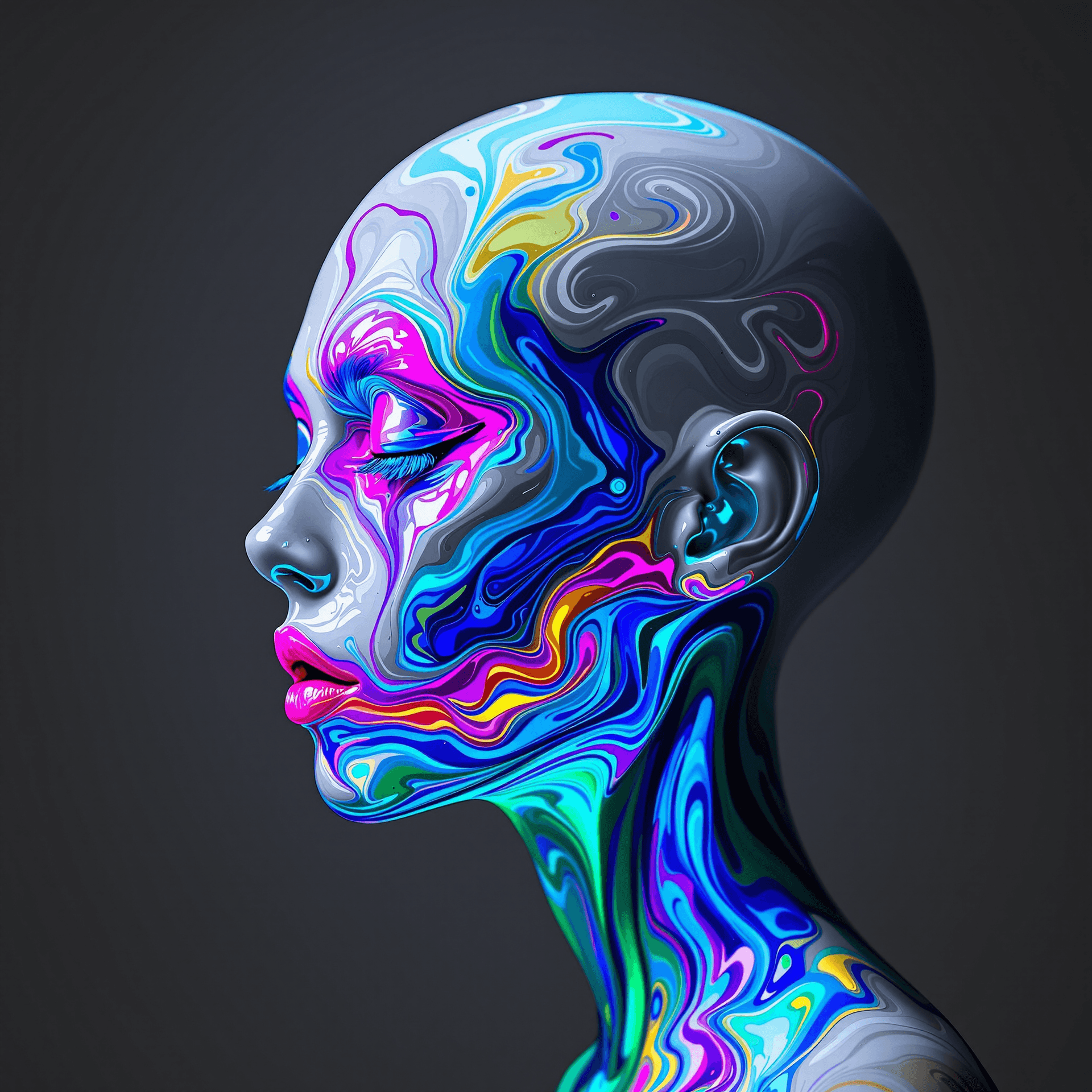 AI generated: a high-contrast, vibrant, flat-side-profile view of a glowing, bald, genderless, earless, hairless, ...