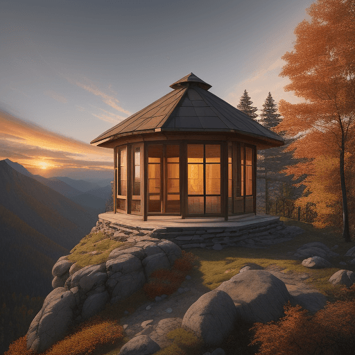 AI generated: Octagonal house perched on the side of a rocky mountain overlooking a valley, sun setting in the bac...