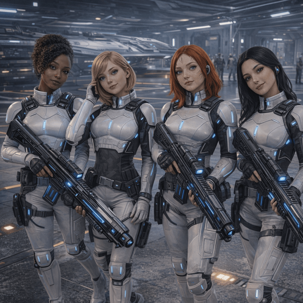 AI generated: Create additional images where the four armed, in uniform reconnaissance gear, are getting ready for...