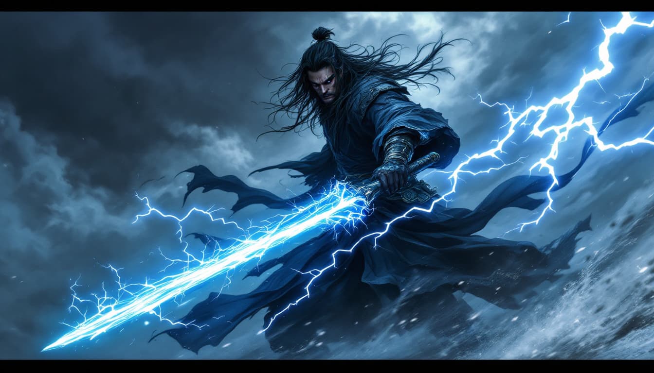 AI generated: A fierce warrior, shrouded in shadows and dynamic energy, wields a glowing blue sword that crackles ...