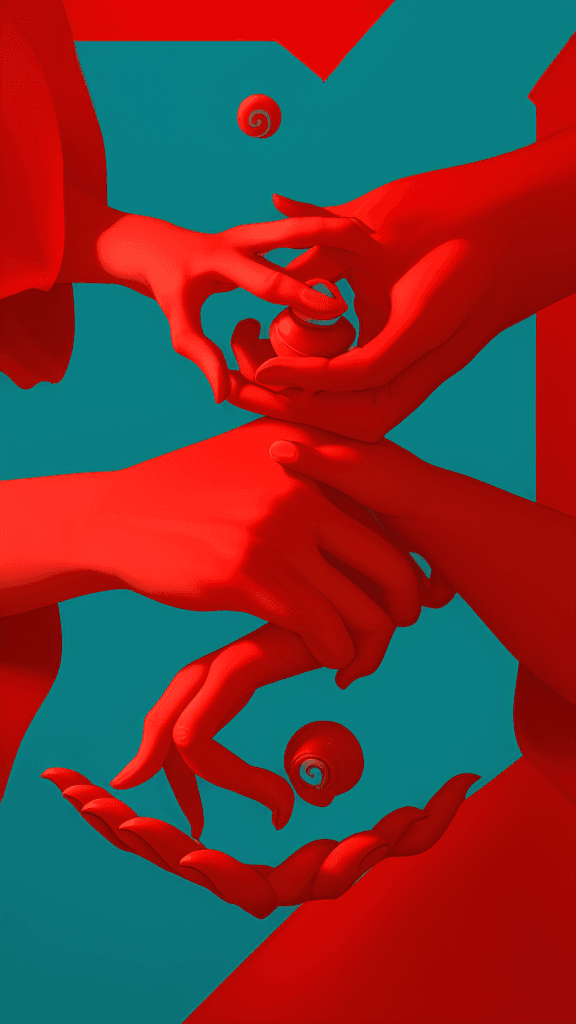 AI generated: one two hands bending down to reach a red object, in the style of vibrant compositions, snailcore, p...