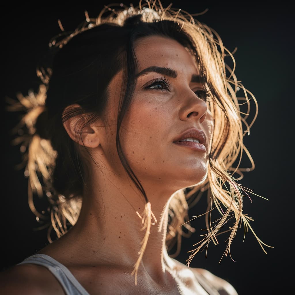 AI generated: Create a close-up shot of a fit adult woman's face captured from a low angle against a dark backgrou...