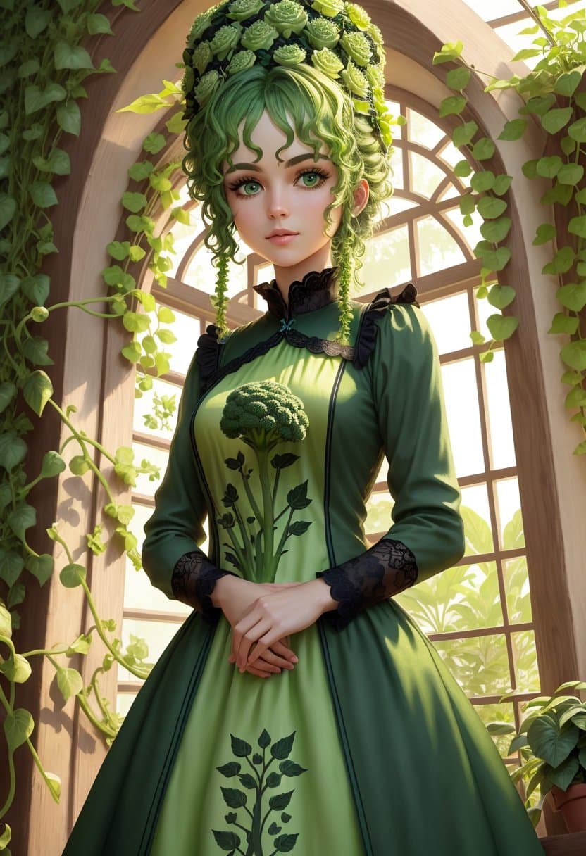 AI generated: A vivid, 8k resolution scene showcasing a tall, green Broccoli humanoid, with florets resembling a w...