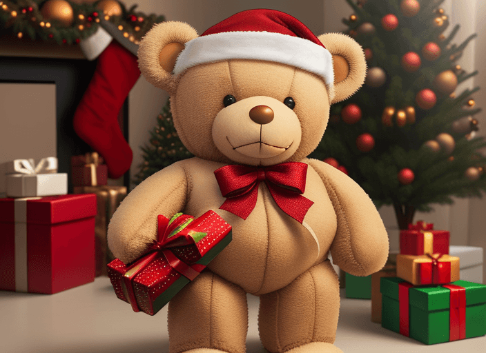AI generated: Standing Christmas teddy bear carrying a holding a gift box in the front with both paws

