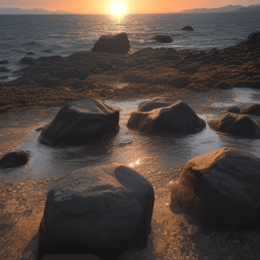 AI generated: black granite rocks, a neon sun on the horizon, a sky with a golden pattern
