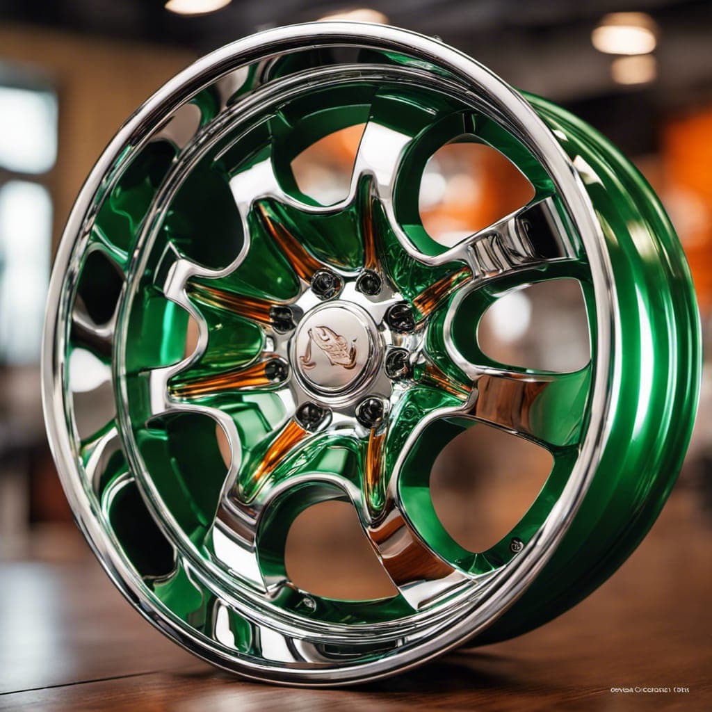 AI generated: full wide view of 1 chrome 30 inch wheel adorned with intricate engraved patterns, colors chrome gre...