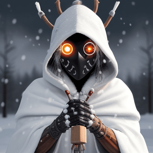 AI generated: noface of a majestic cyborg shaman in snow, wearing white armor, (in one hand a shaman staff:1.2), w...