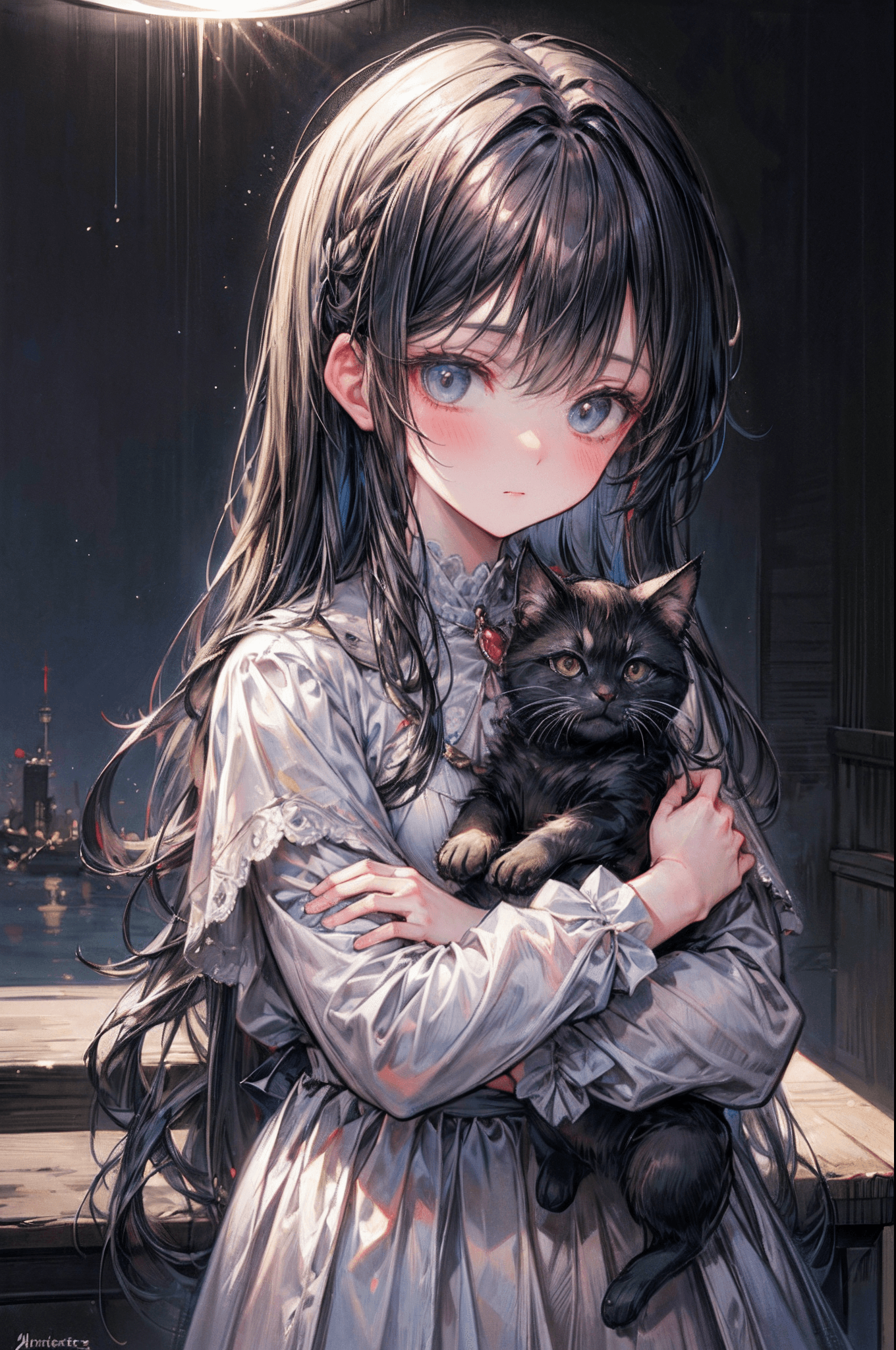 AI generated: Create a captivating image of a serene, little kitten nestled comfortably in a peaceful, nocturnal s...