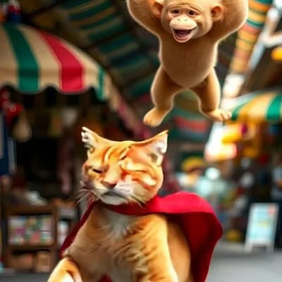 AI generated video: Cat chasing monkey, cat trying to catch monkey 