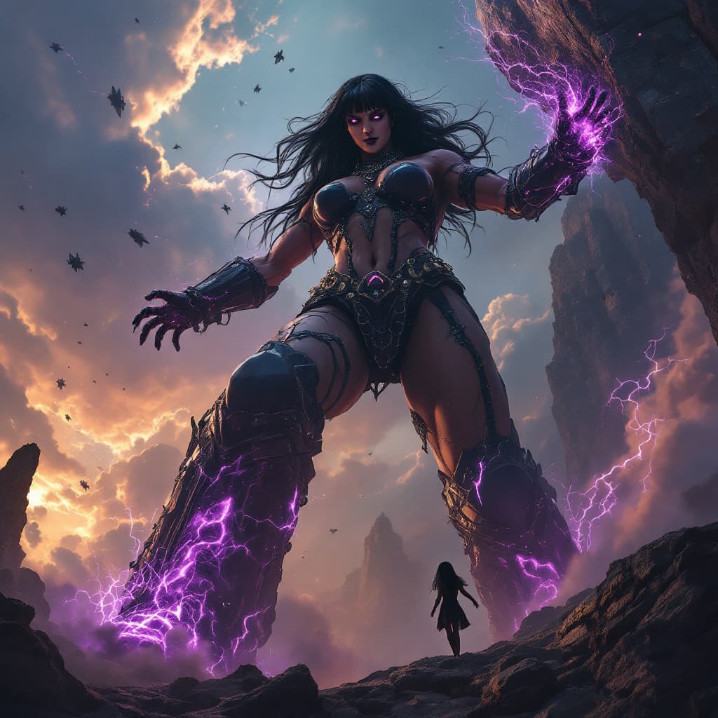 AI generated: enormous giantess female Rhea Ripley from WWE with black medium length hair and straight bangs, bigg...