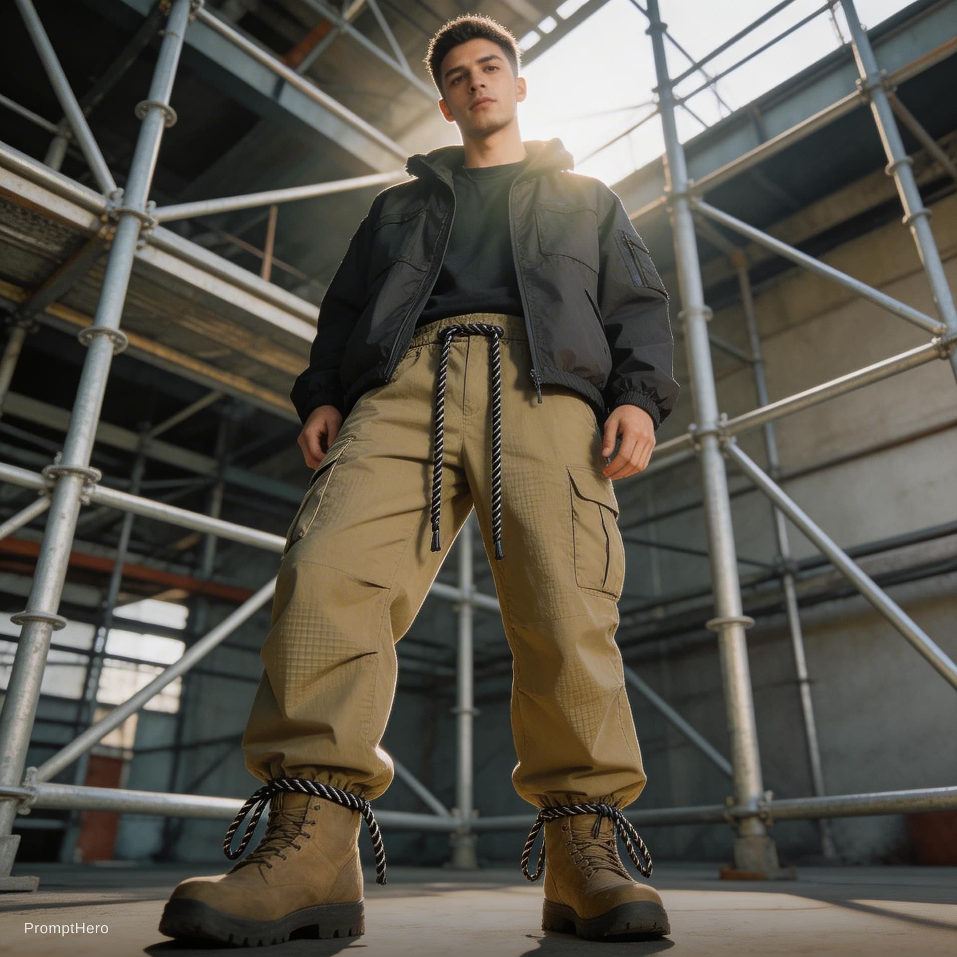 AI generated: photorealistic, wide angle, toe to head composition, distorted, street style of fashion, man model, ...