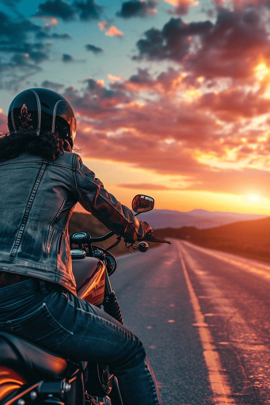 AI generated: picture ultra realistic biker on a harley davidson motorcycle on the road 66 sunset side view --ar 4...