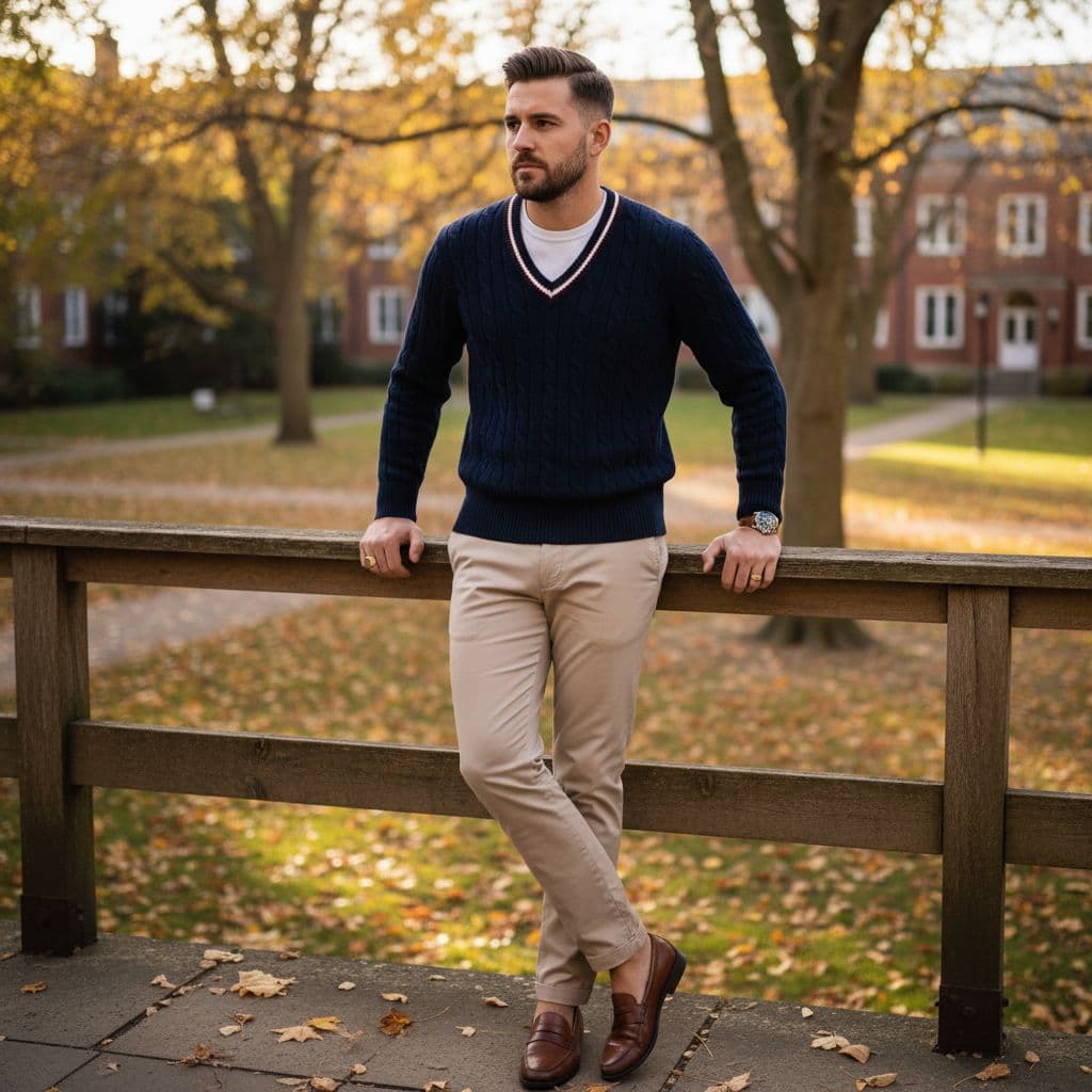 AI generated: Subject: An elegant late-20s man. Clothing: Navy blue cable-knit cricket sweater over a white t-shir...