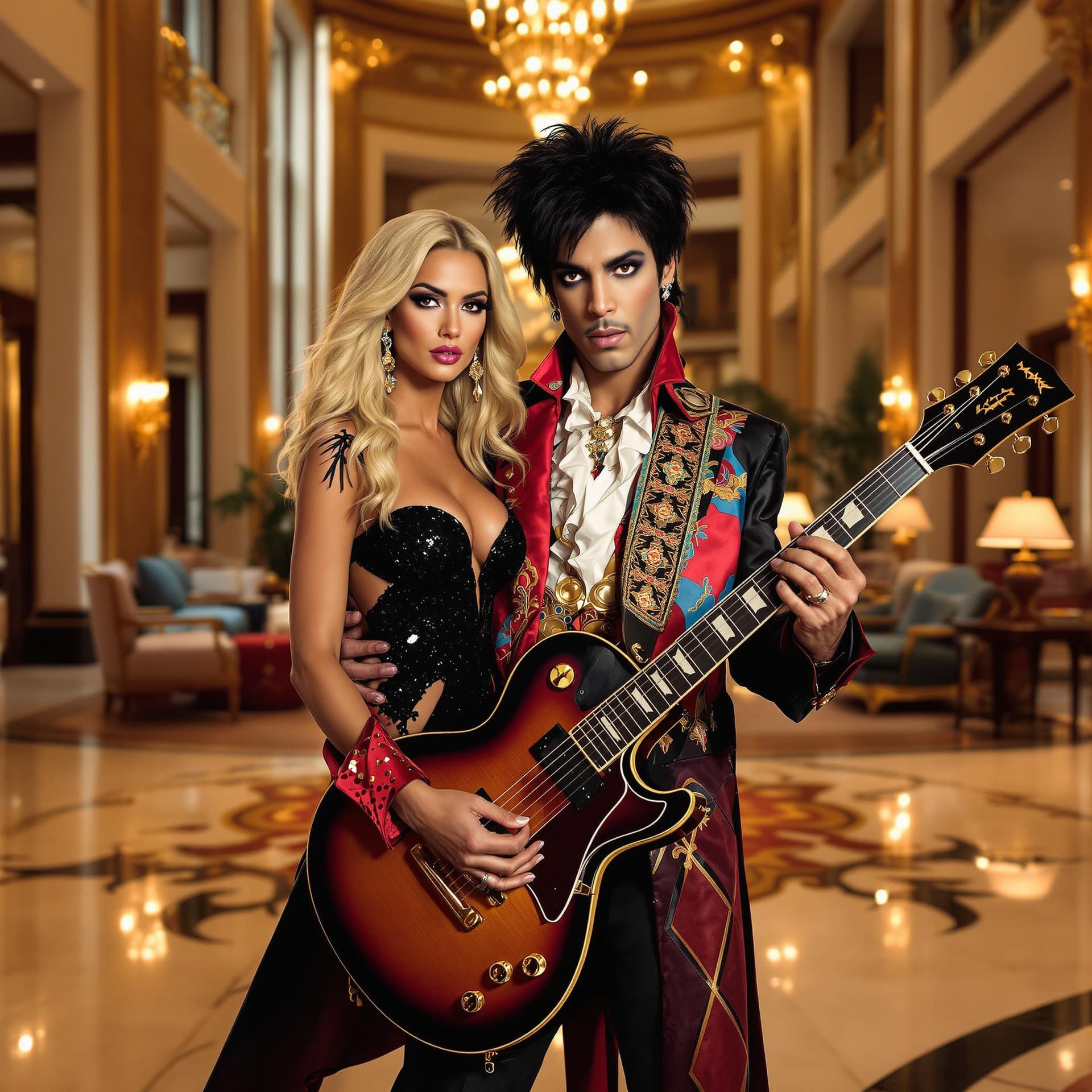 AI generated: Create a captivating image of the iconic musician Prince holding his guitar in the lobby of an elega...