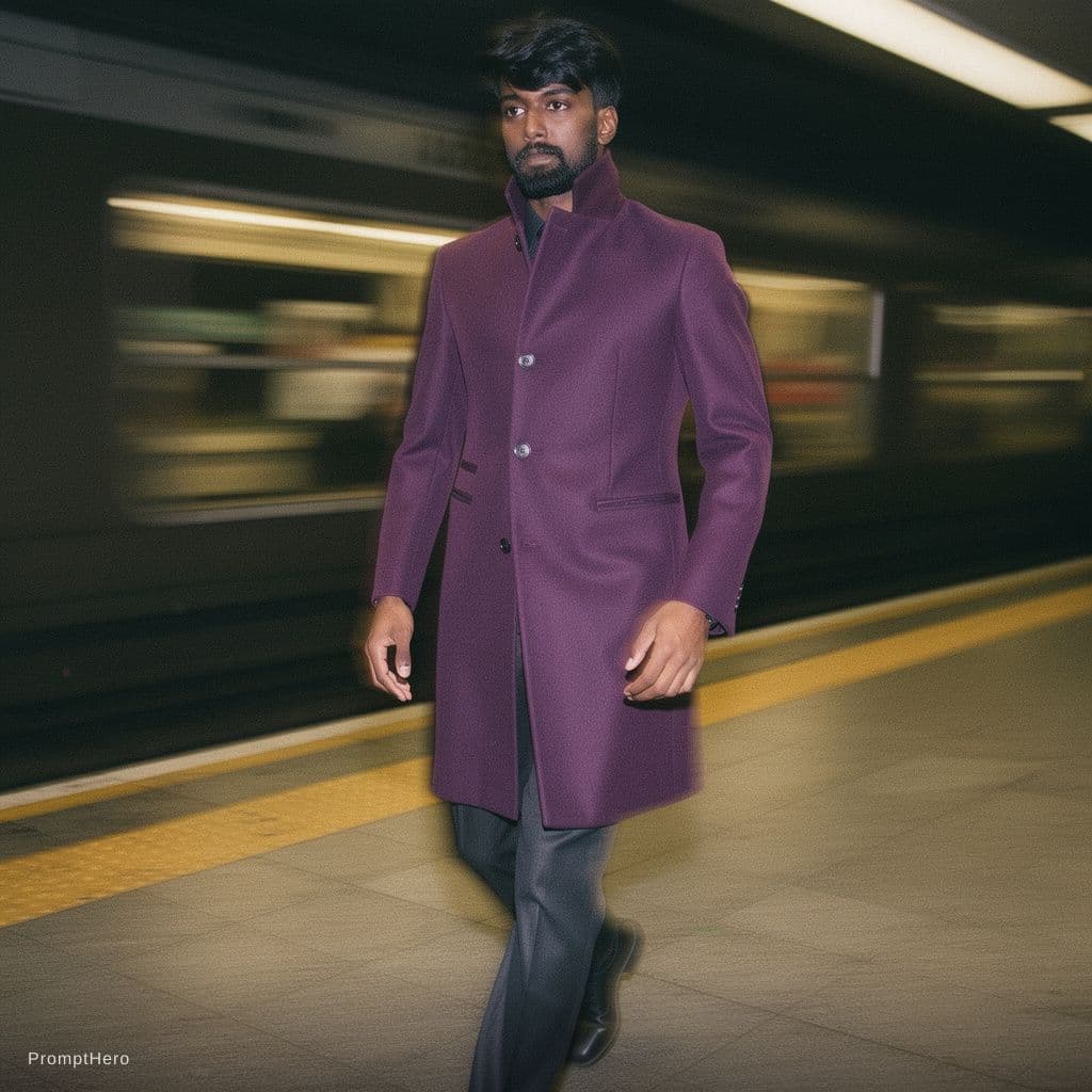 AI generated: fashion editorial photography, motion blur, male model, wearing an wool coat, deep purple color, wal...