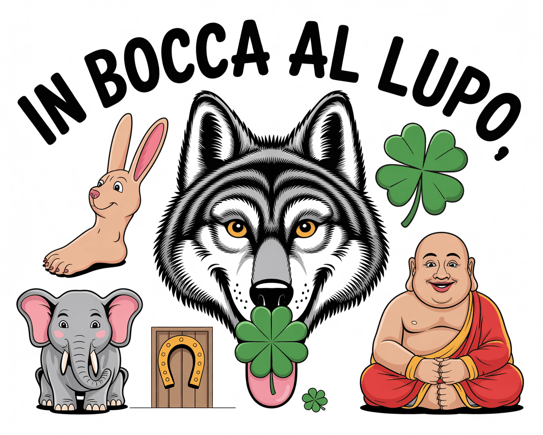 AI generated: I'd like a funny, ironic illustration based on the Italian phrase in highlight "in bocca al lupo," w...