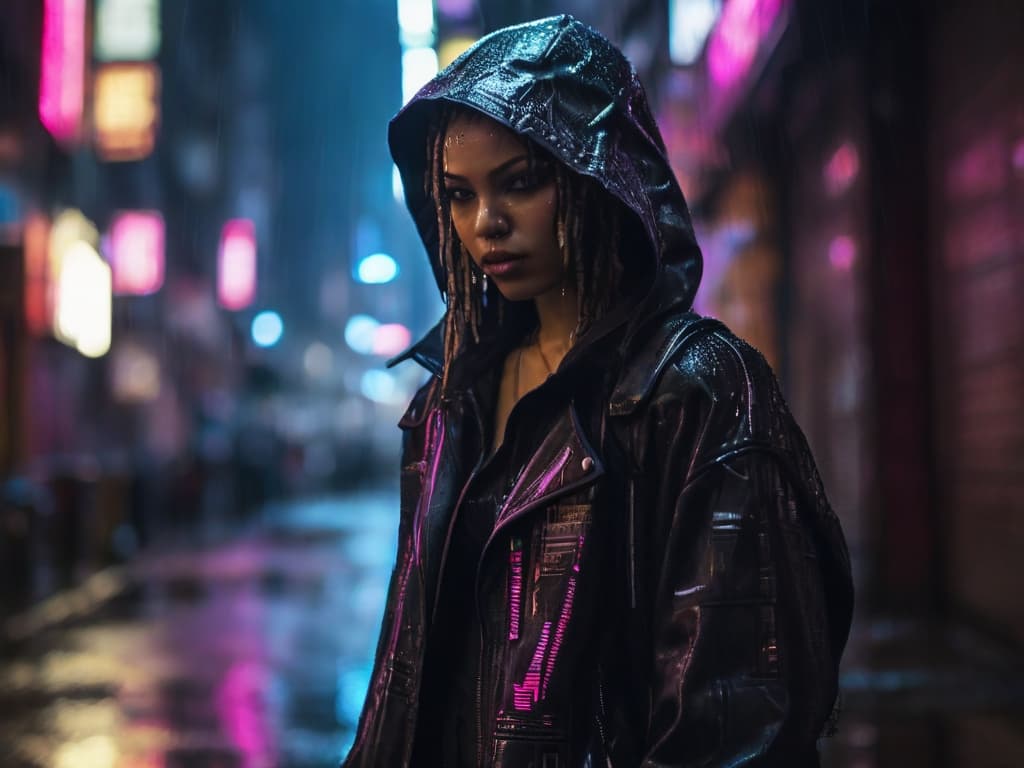 AI generated: An enigmatic cyberpunk cityscape at night, rain-soaked streets reflecting neon lights, a lone hacker...