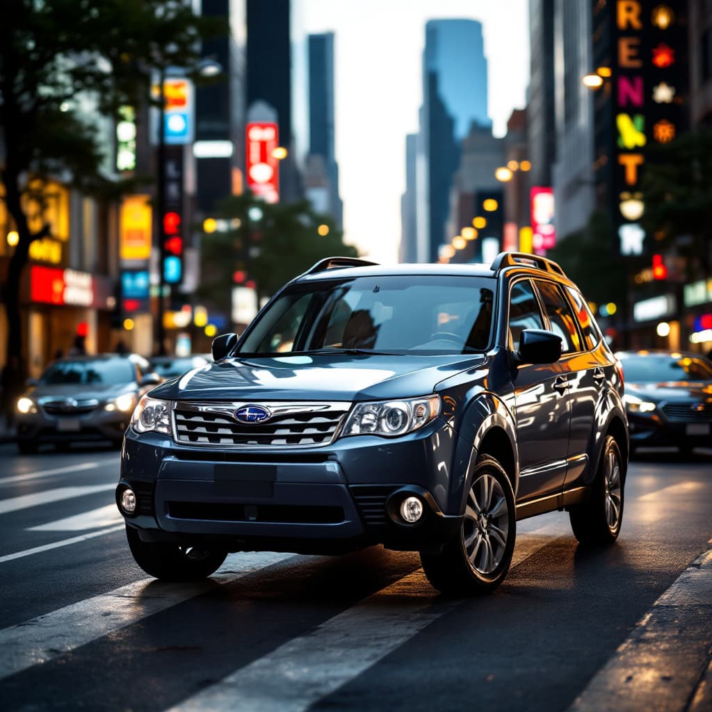 AI generated: a 4k detailed image of a Subaru forester 2010 model on streets of busy city, wide angle camera shot 