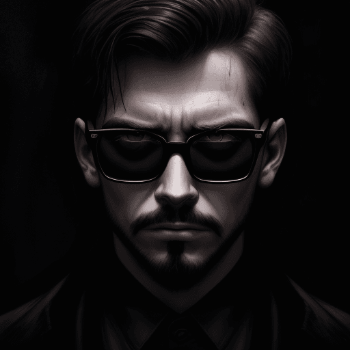 AI generated: digital wallpaper portrait of an anonymous, cool men face with black glasses, gloomy background, hor...