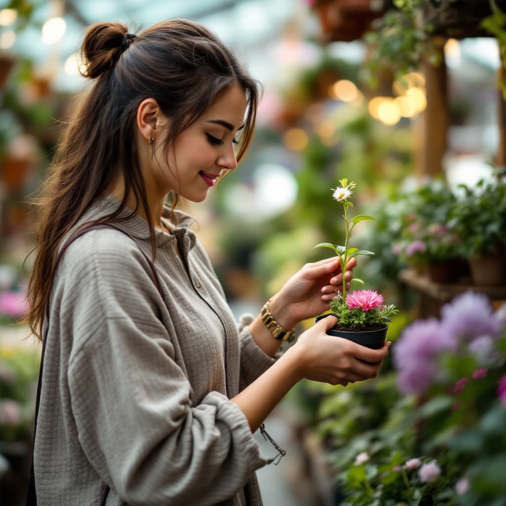 AI generated: the pertty female walking through a garden center. She picks up a small, fragile plant in a pot, the...