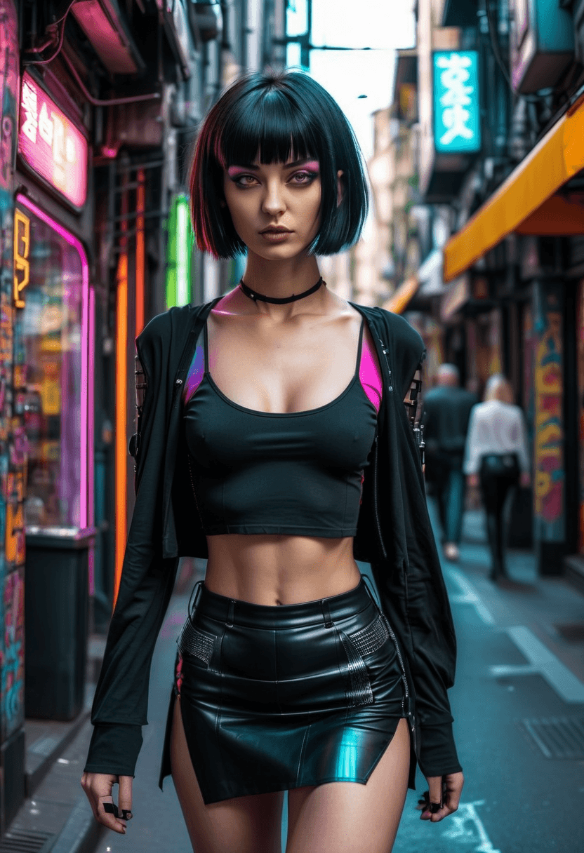 AI generated: photograph of a woman walking along a busy cyberpunk and gothic style city street, from the side, sh...