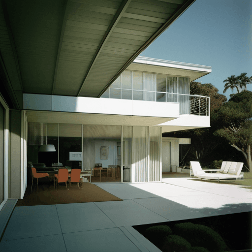 AI generated: Hyper realistic eye level exterior photo of a mid century modern style house overlooking the ocean, ...