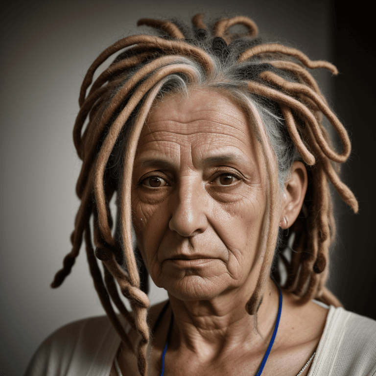 AI generated: hyper realistic headshot photo of a 60 year old italian  woman, dreadlocks, she has a depressed look...