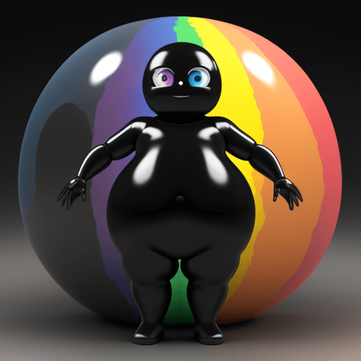 AI generated: A humanoid blob made of ink and paint, 3d, figure, thick body, rainbow eyes, no pupils, smile, slug