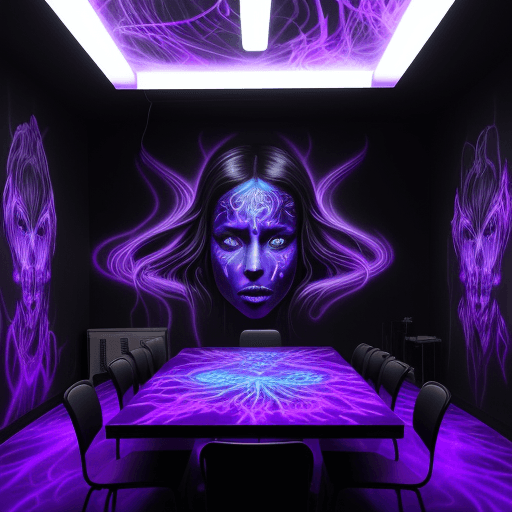 AI generated: "black light also known as Ultra Violet Light but as a MURAL facial airbrush art inside a room cover...