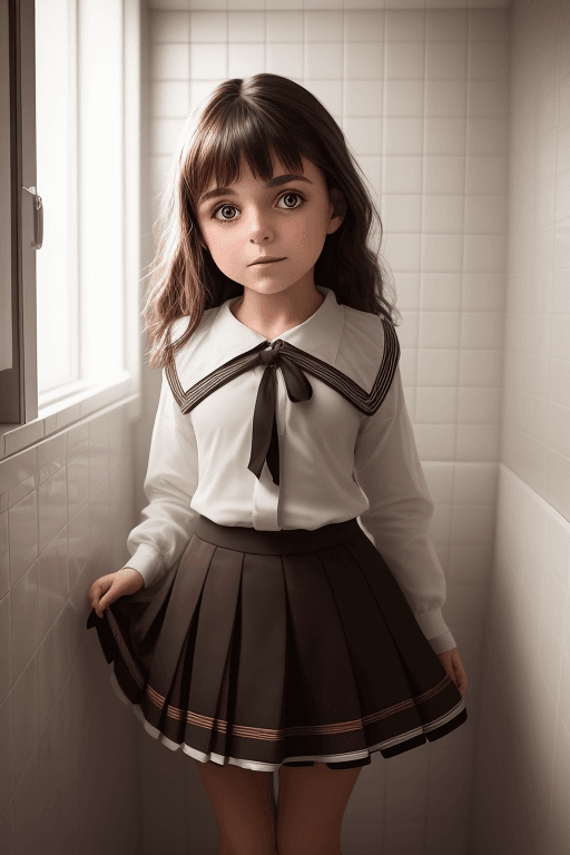 AI generated: 10 year old, little skirt brunette girl in bathroom with her back to camera, professional photo shoo...