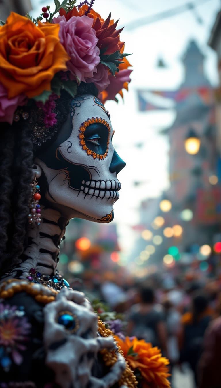 AI generated: Dias de los Muertos Parade in Mexico City, high-resolution photography, ultra-realistic