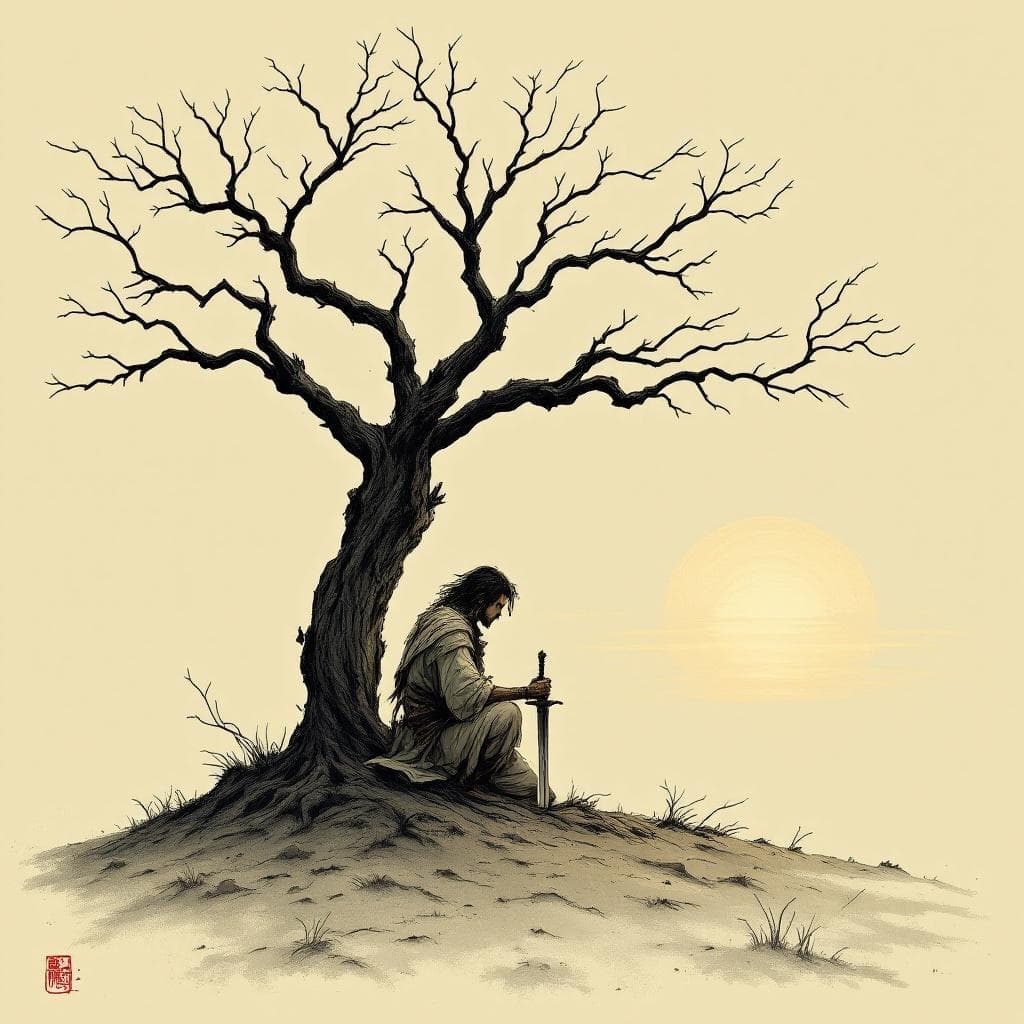 AI generated: A warrior kneeling beneath a dead, leafless tree, sword planted firmly into the earth before him. Th...