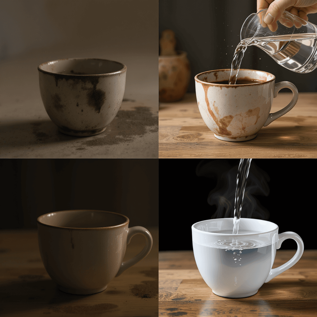 AI generated: Generate 3 separate 3D-style images that illustrate the transformation of a dirty cup becoming clean...