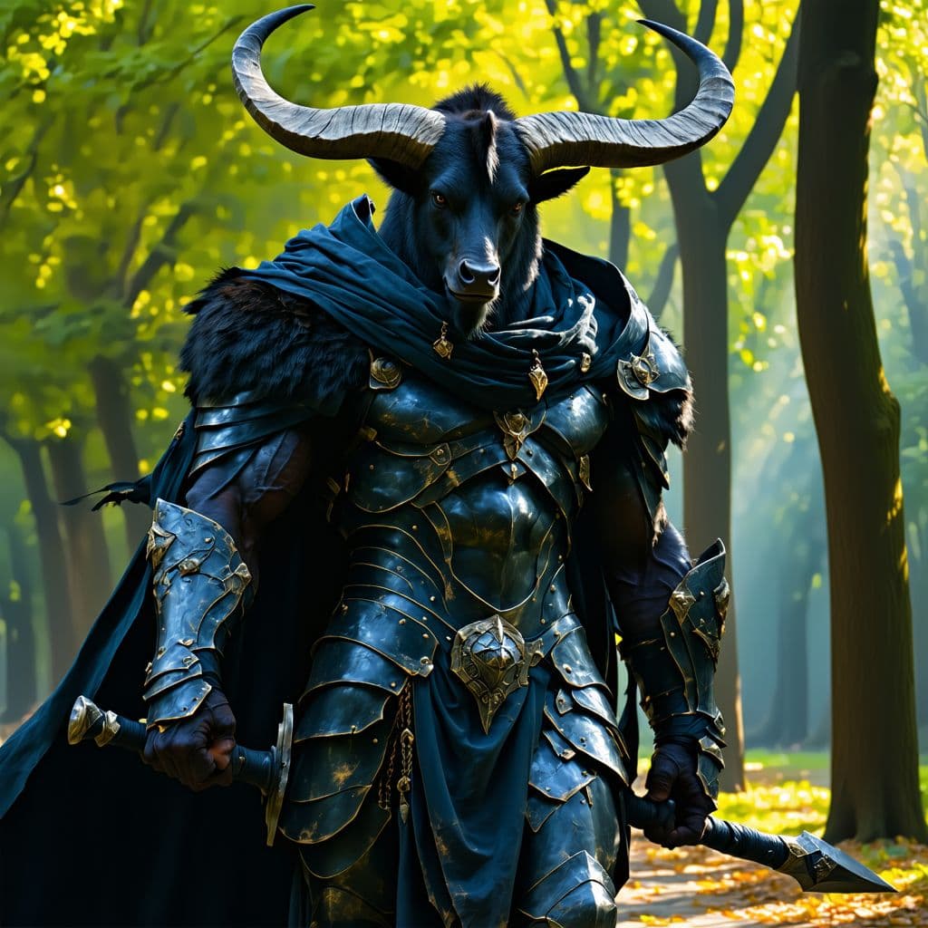 AI generated: A minotaur warrior, his face with humanoid features, clad in battered black armor. His fur-lined clo...