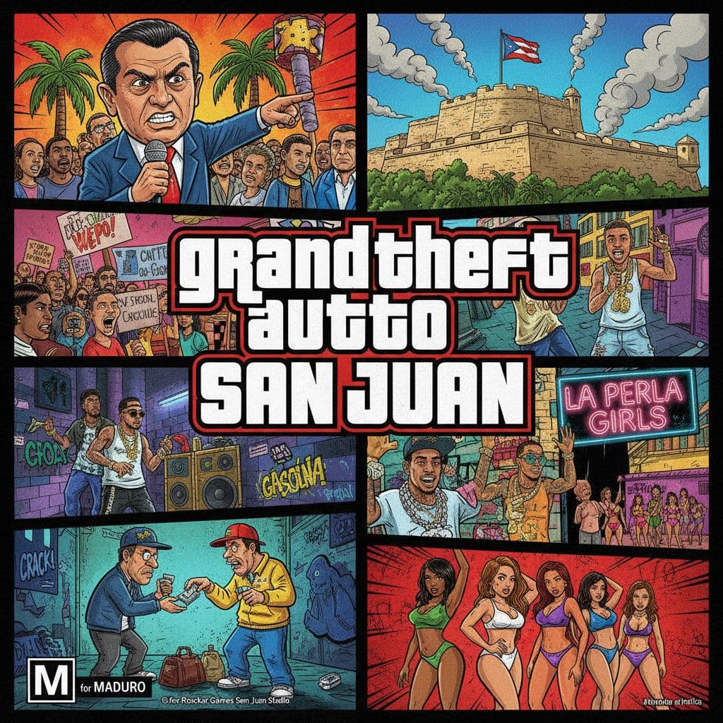 AI generated: Parody video game cover in Grand Theft Auto style, titled Grand Theft Auto: San Juan, featuring comi...
