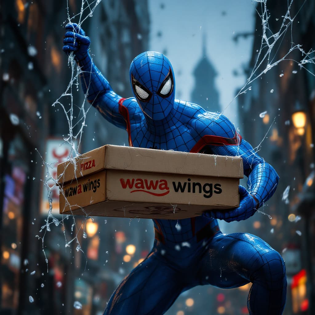 AI generated: Marvel's Spiderman delivering pizza box saying wawa wings, he is handing with spider web dynamic pos...