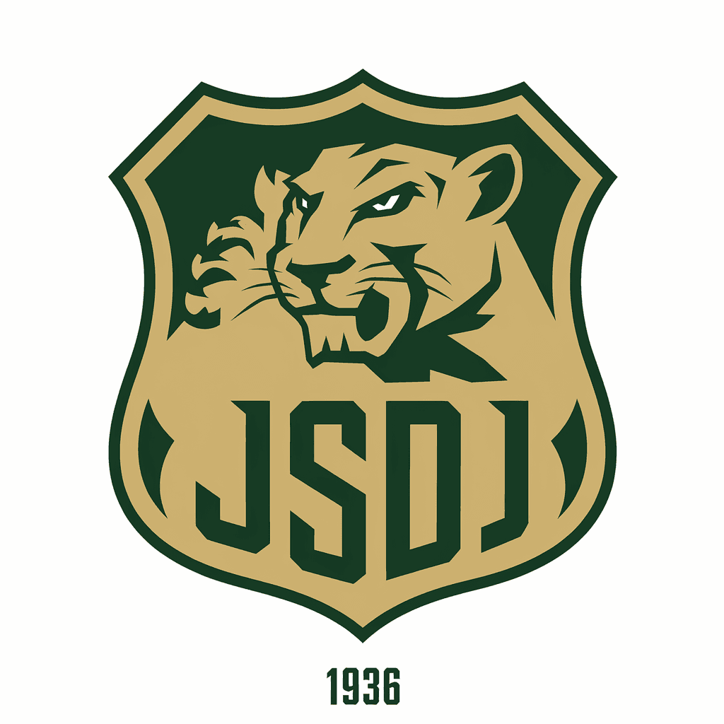 AI generated: A soccer logo with a shield shape. Colors  green and white, a panther in green , letters JSDJ in gre...
