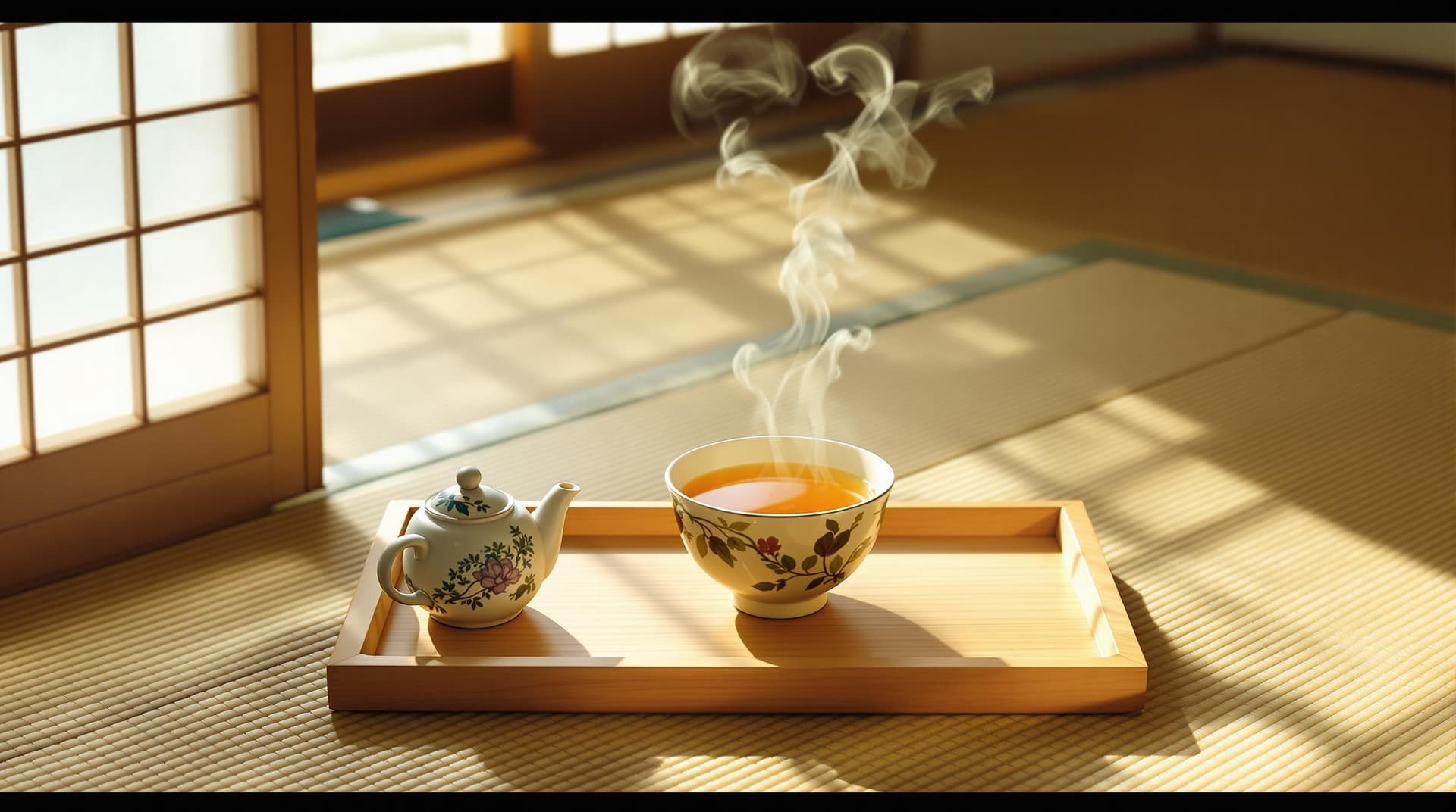AI generated: A serene Japanese tea ceremony scene, with a steaming cup of tea placed on a delicate wooden tray. S...