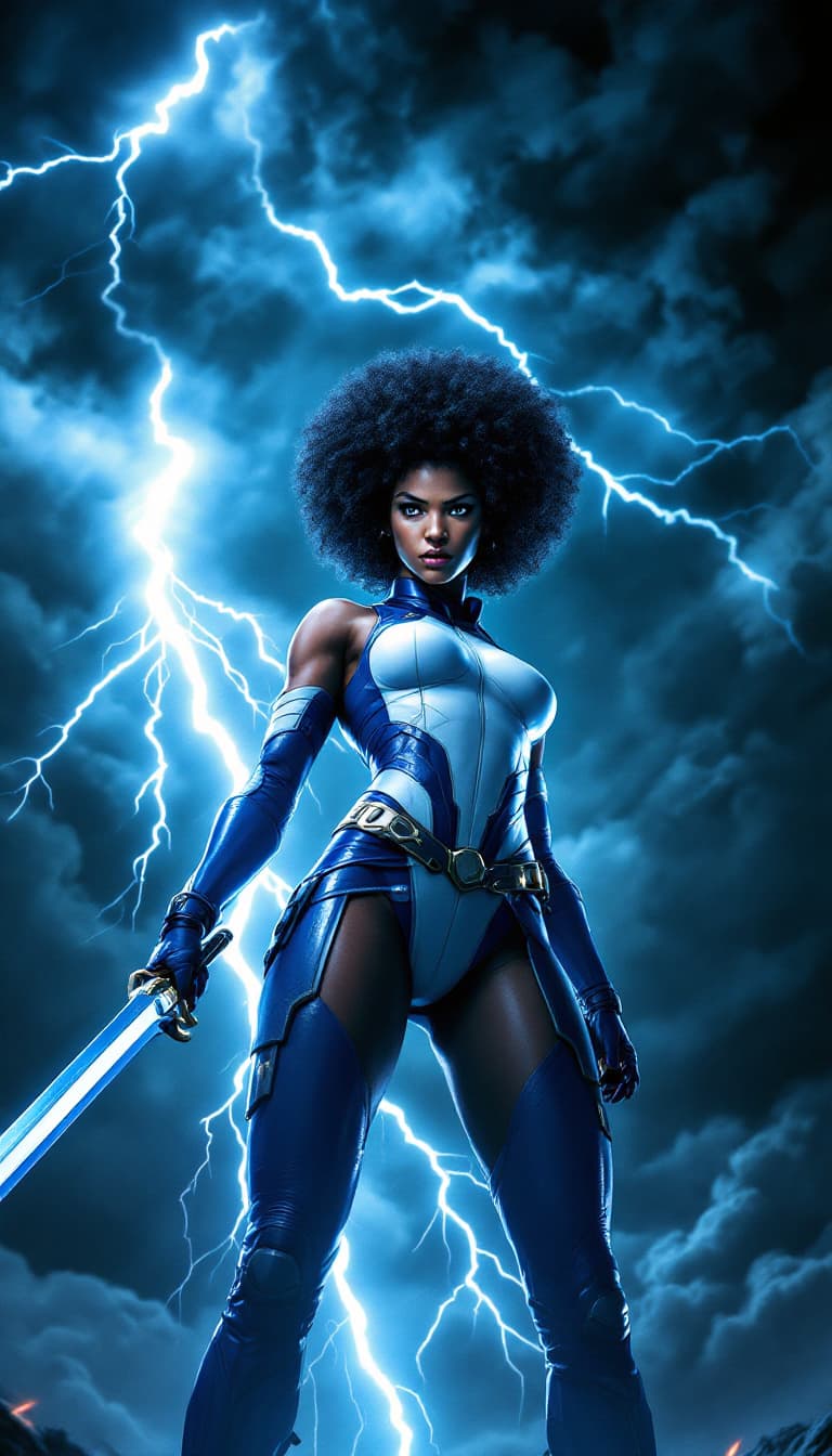 AI generated: The image shows a female superhero standing in front of a stormy sky with lightning bolts. She is ho...