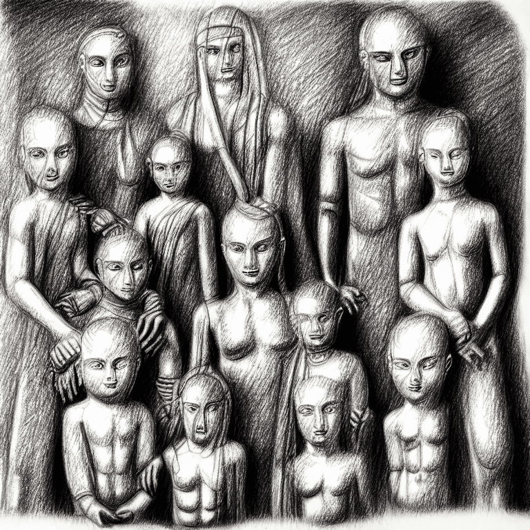 AI generated: Ancient family, pencil drawing, very badly designed, drawing made by a madman, iconcluente design, v...