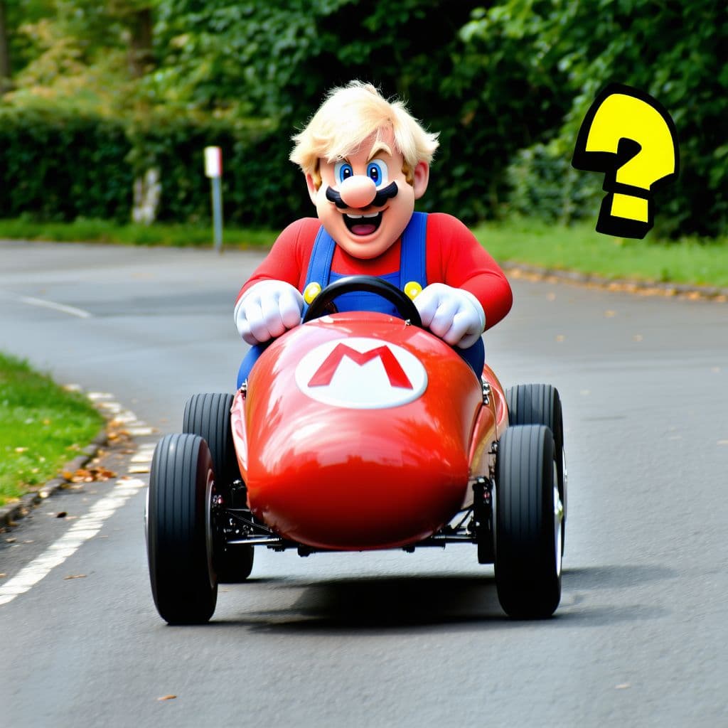 AI generated: Boris Johnson driving his Mario car, his face full of enjoyment as he picks up the "?".