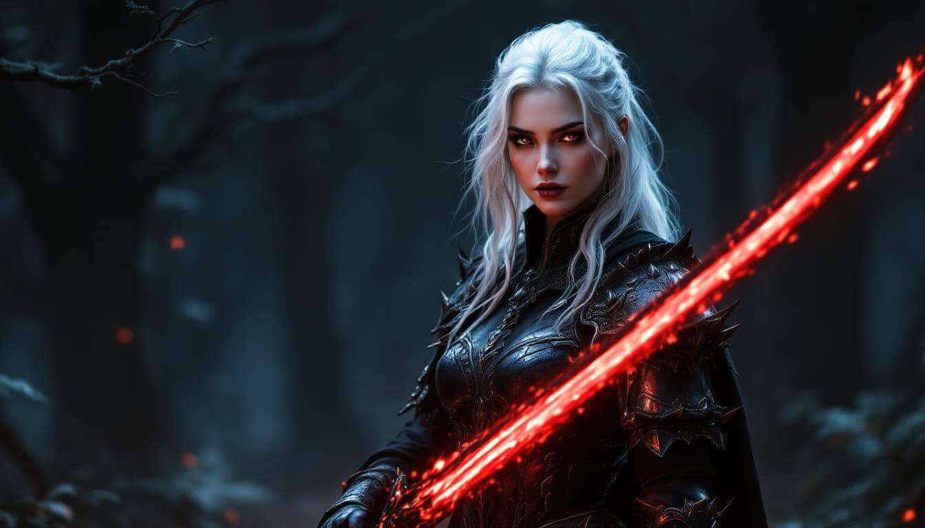 AI generated: a white-haired woman, around 23 years old, with fair skin, dressed in dark, ornate armor, standing i...