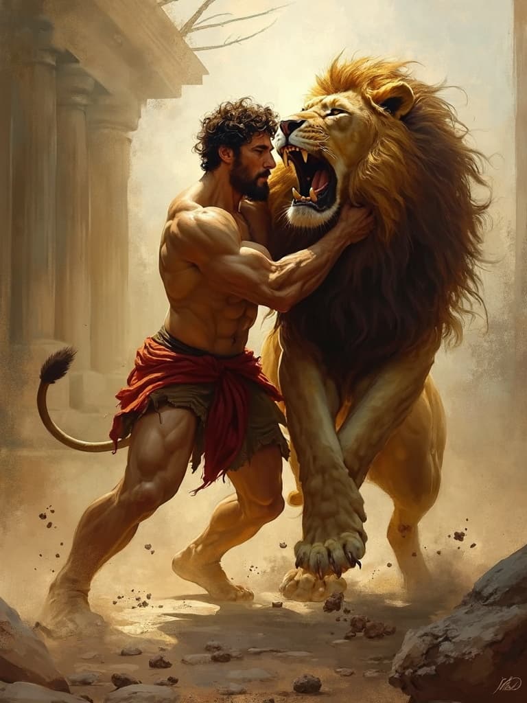 AI generated: An abstract, ethereal painting of Hercules wrestling the massive Nemean Lion in a mythic, dynamic co...