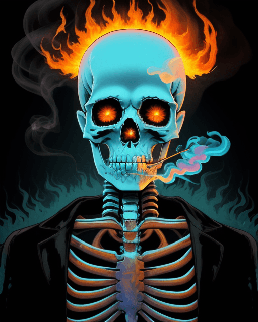 AI generated: a painting of a skeleton smoking a cigarette, digital art, by Dan Mumford, behance contest winner, p...