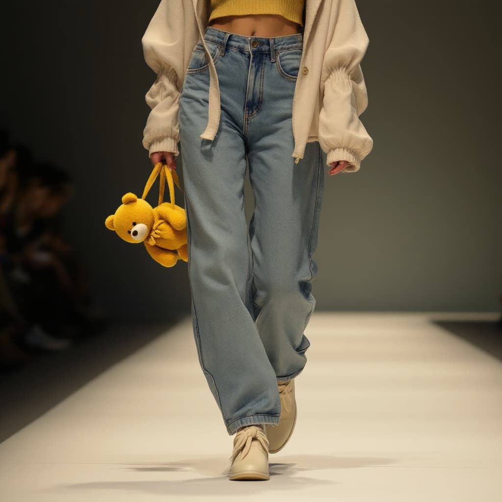 AI generated: a woman wearing a cropped top and jeans  and small yellow teddy bear and cream color knotted shoes s...