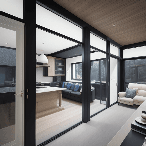 AI generated: with the luxury home decor, in the style of streetscape, light brown and black, dark sky-blue and li...