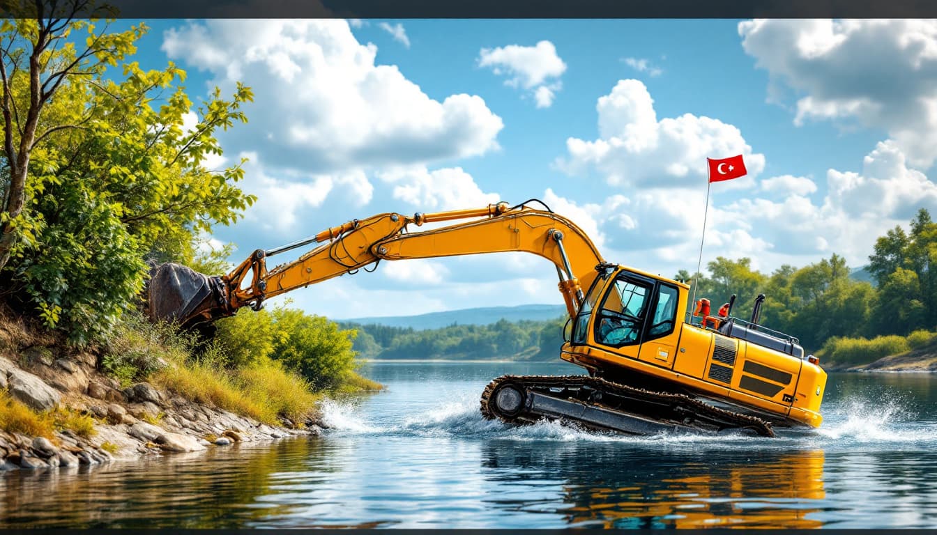AI generated: yellow crawler excavator sinking in river tilted on side and can capsize and sink, blue sky and tall...