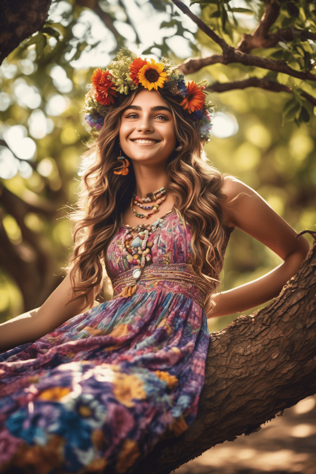 AI generated: Full body,Woman laying in a tree,wearing hippie dress,flowergirl,hippie,flower crown,looking at came...